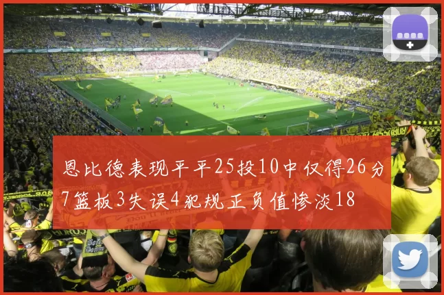 恩比德表现平平25投10中仅得26分7篮板3失误4犯规正负值惨淡18